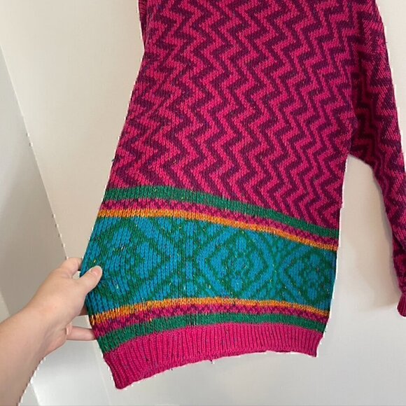 VINTAGE LIZ SPORT Magenta Pink Purple Chevron Stripe Tunic WOOL Blend Sweater M - Picture 6 of 10
